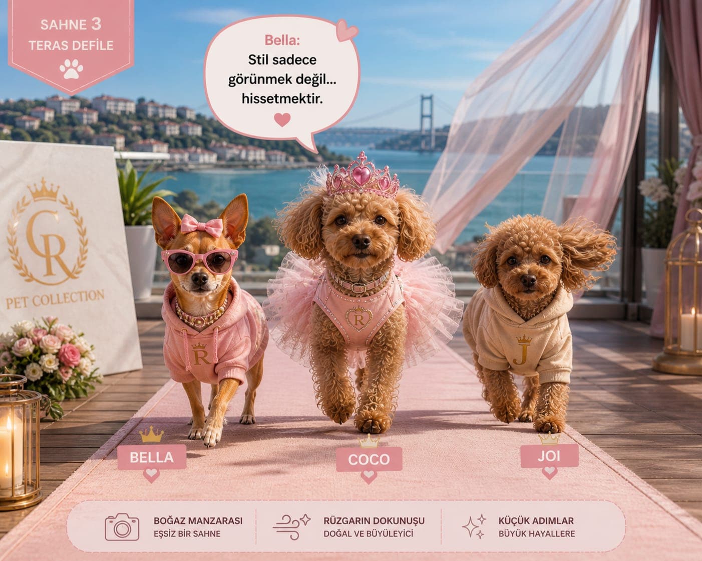 Bella, Coco ve Joi — pembe runway, Boğaz manzarası